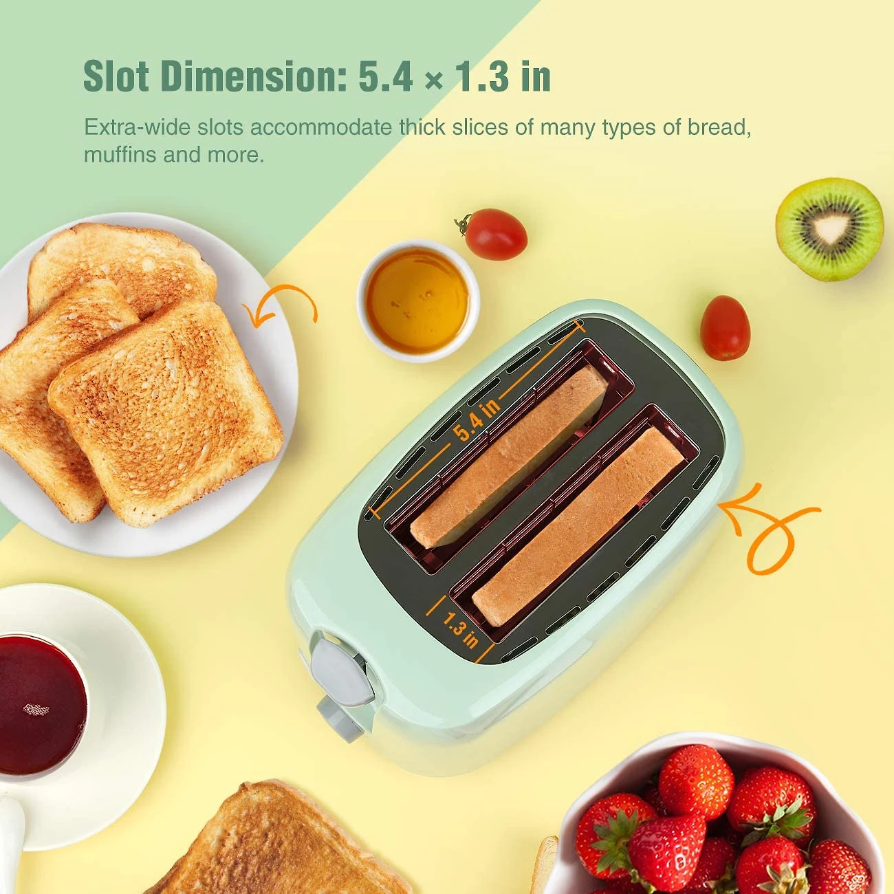 iSiLER 2 Slice Toaster 13 Inches Wide Slot Toaster with 7 Shade Settings and Double Side Baking Compact Bread Toaster with Removable Crumb TrayDefrost Reheat Cancel Function Green