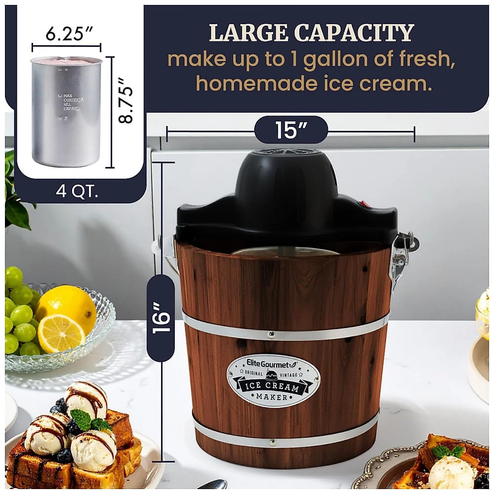 Máquina de Sorvete Elite Gourmet EIM418 Nogueira 4L Modo Vintage Motor Elétrico 240V