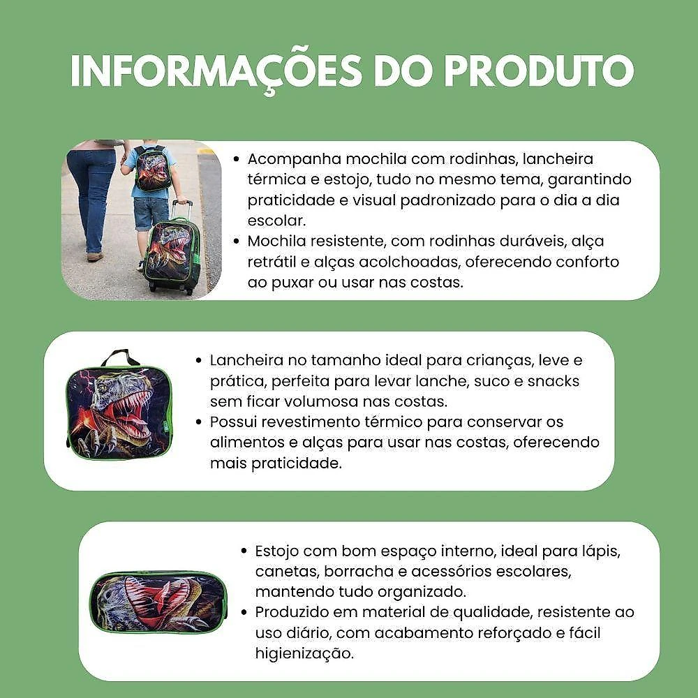Kit Escolar Trex Para Meninos Mochila + Lancheira + Estojo Reforçada Resistente 17' - Trex Attack Verde Escuro