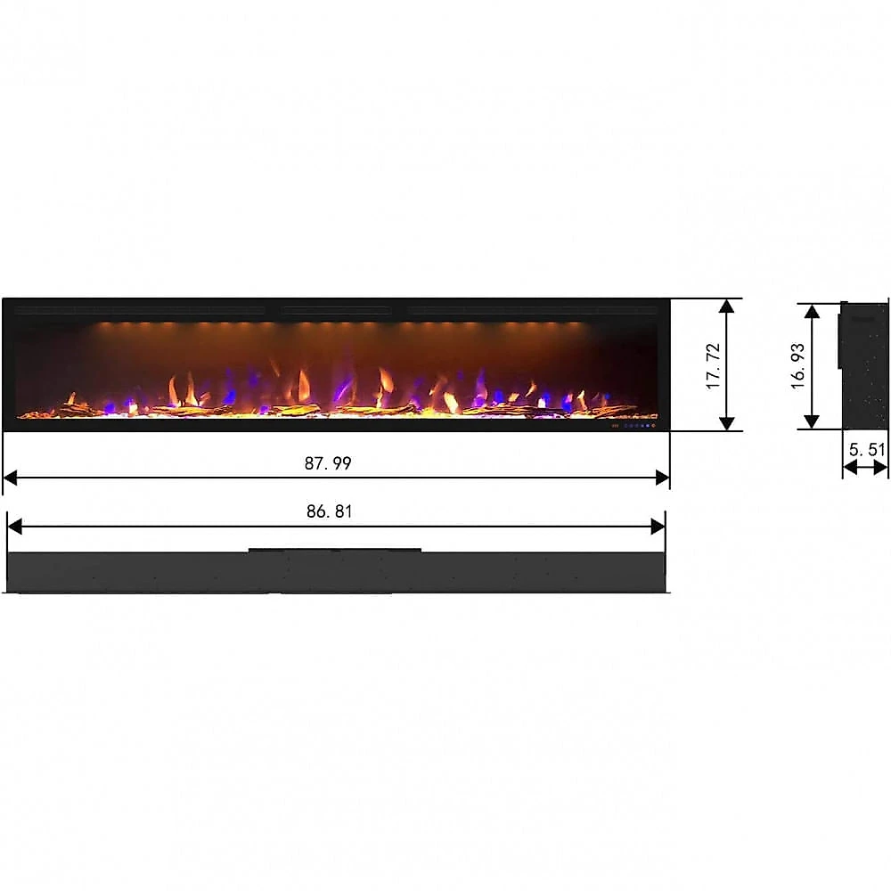 Mystflame Lareira Eletrica de Embutir A45x223L com Controle Remoto e Digital Luz LED Chama Ajustavel 110V1500W Preta