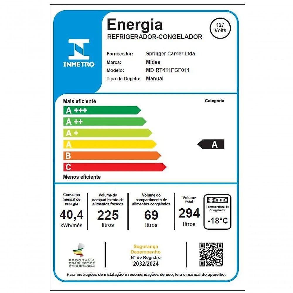 Refrigerador midea cycle defrost 294l 2 porta branco 127v (md-rt411fgf011)