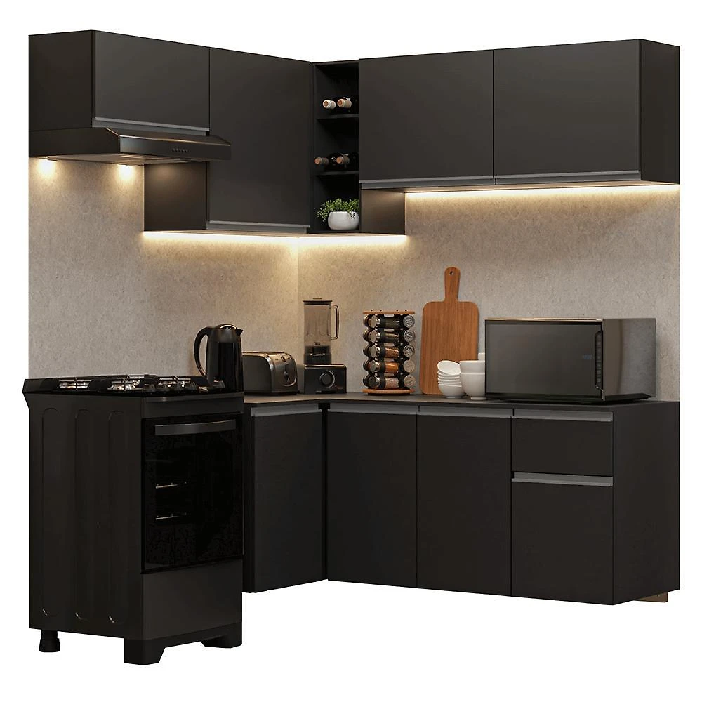 Armário de cozinha completa de canto suspenso 325 cm preto nice madesa 05