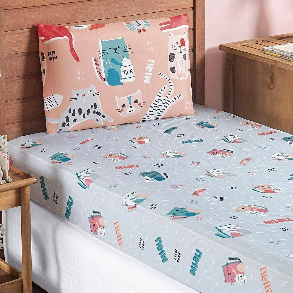 Jogo Cama Lençol Fantasy Solteiro Cama Quarto Infantil Microfibra 2 Peças Gatinha Rosê