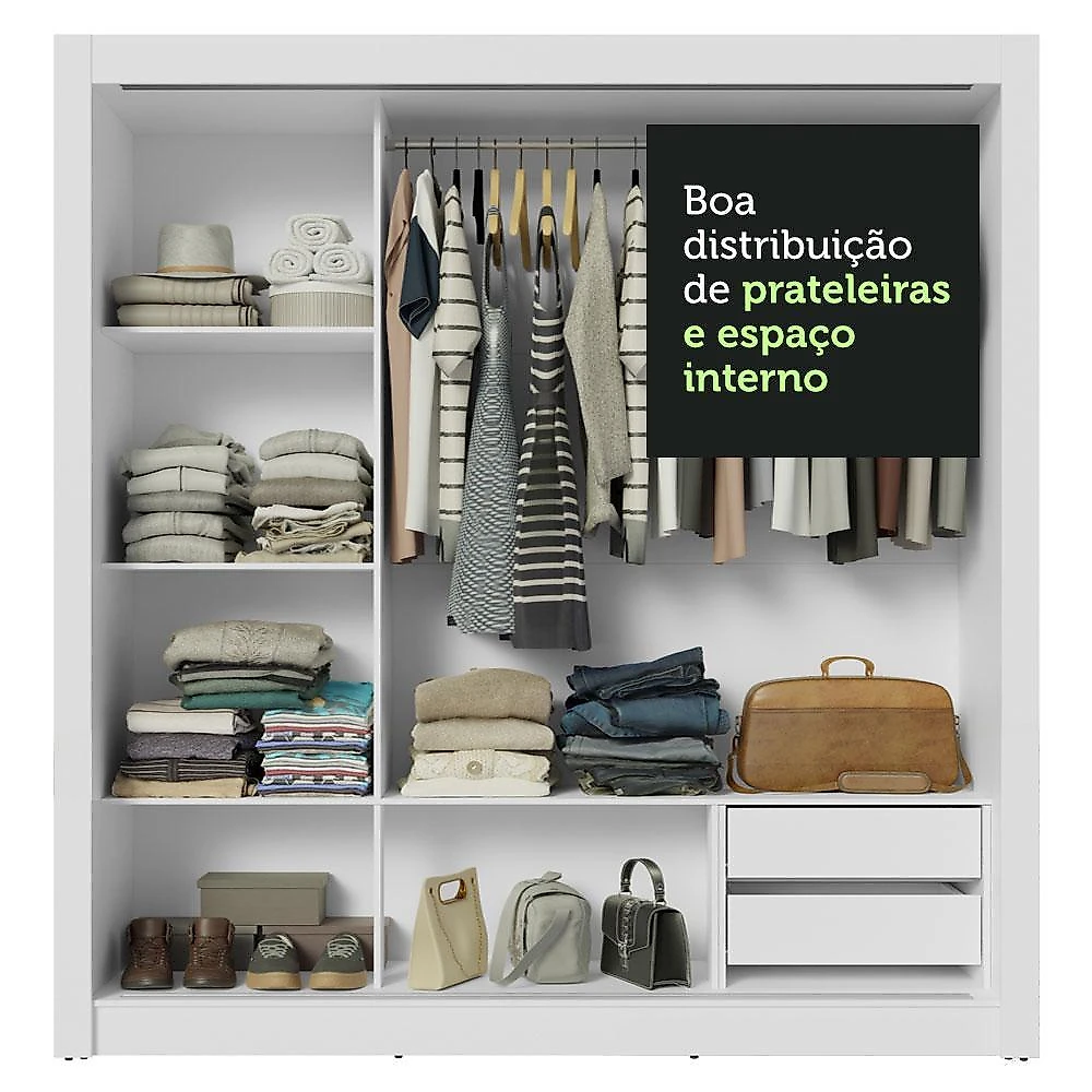 Guarda-roupa casal 3 portas de correr com espelhos 2 gavetas sublime madesa branco