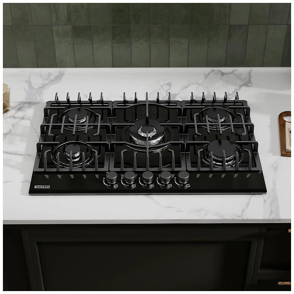 Cooktop a gás 76cm Empava vidro preto 5 queimadores SABAF selados dual fuel GN/GLP controle vidro temperado 110V