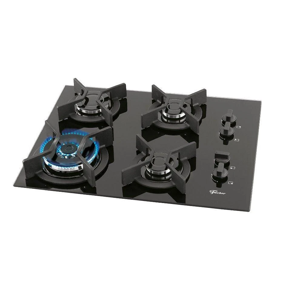 Cooktop Gás 4 Bocas Tripla Chama Mesa Vidro Infinity Fischer Preto Bivolt