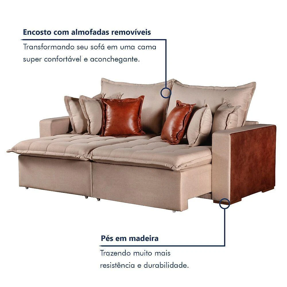 Sofá Cama Verona 3 Lugares Retrátil e Reclinável 220CM Cinza Linho