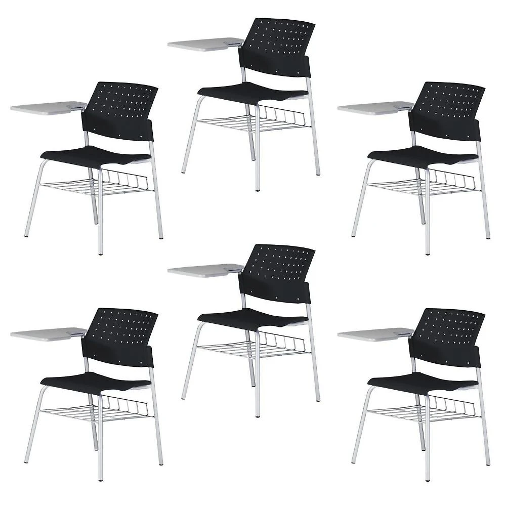 Kit 6 Cadeiras Escolar com Prancheta e Suporte para Livros Movie