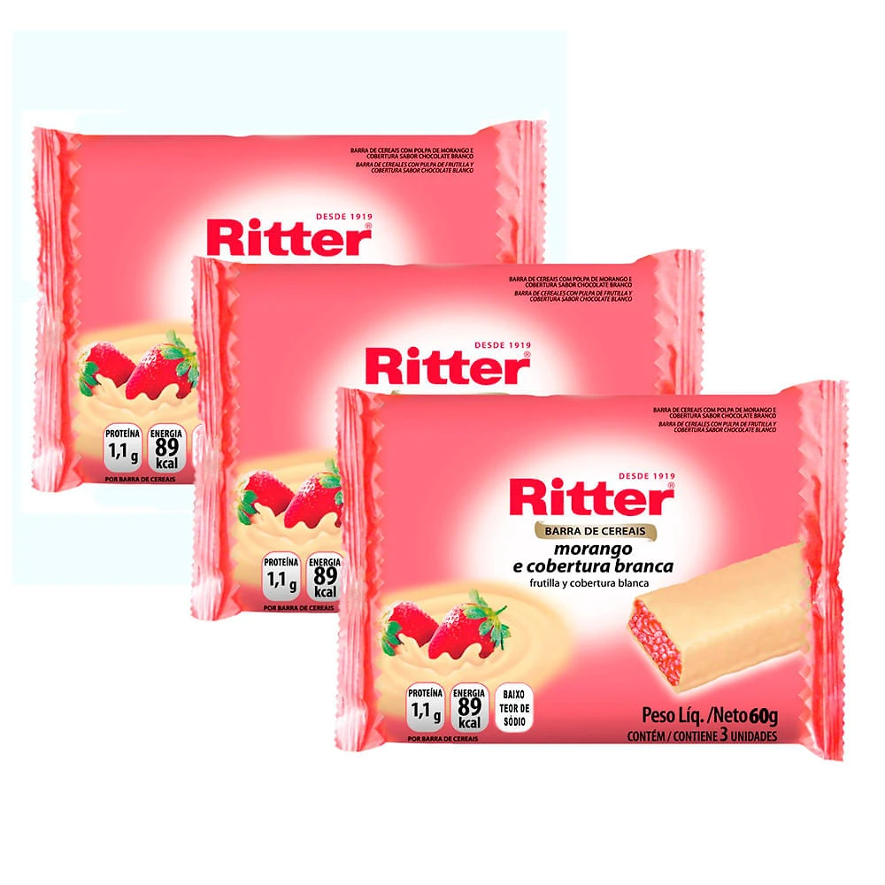 Kit 3 Barra de Cereais Ritter Morango e Cobertura Branca com 3 Unidades de 20g cada