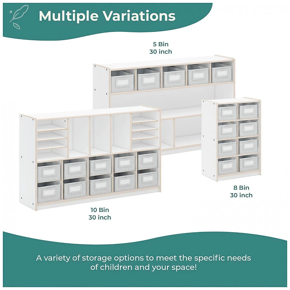 Estante baixa Guidecraft EdQ Shelves and 5 Bin Storage Unit 30" Branca com 2 prateleiras e 5 nichos com caixas de tecido 122cm