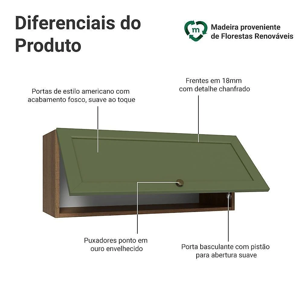 Armário Aéreo 80 Cm 1 Porta Basculante Rustic/verde Vik Madesa Rustic/verde