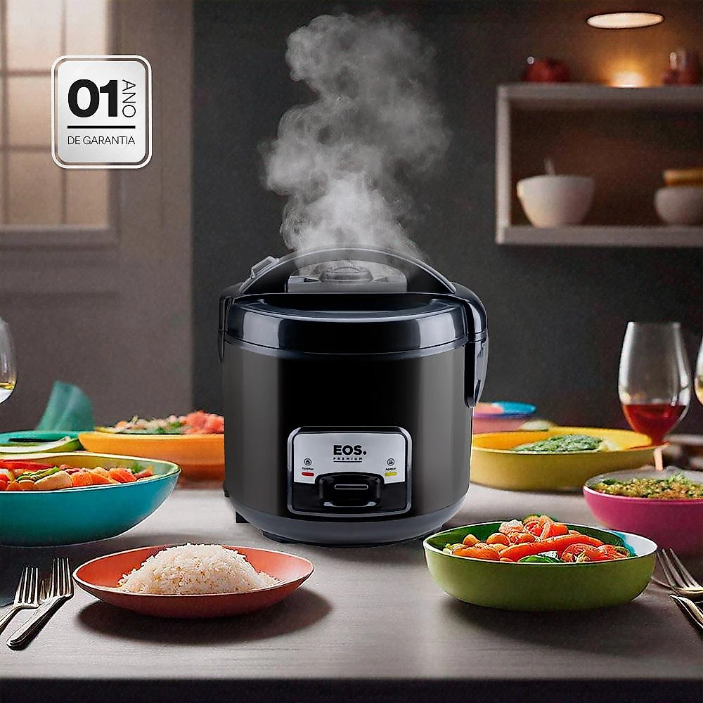 Panela Elétrica de Arroz EOS 5 Xícaras Inox All Black com Tampa de Vidro Clear Glass EPA05PP 110V