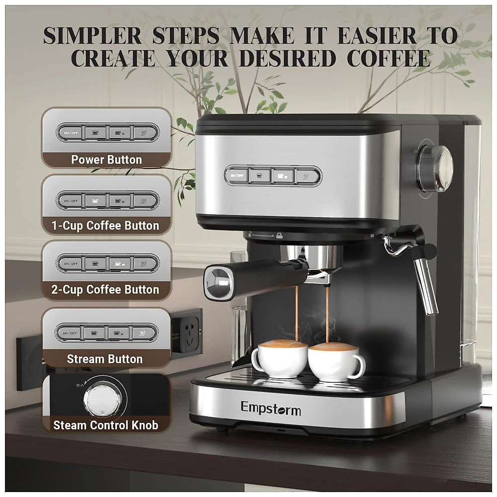 Máquina de Café Expresso 20 Bar para Cápsulas ou Café Moído, com Vaporizador de Leite, 110V 850W, Empstorm, Preta 110v