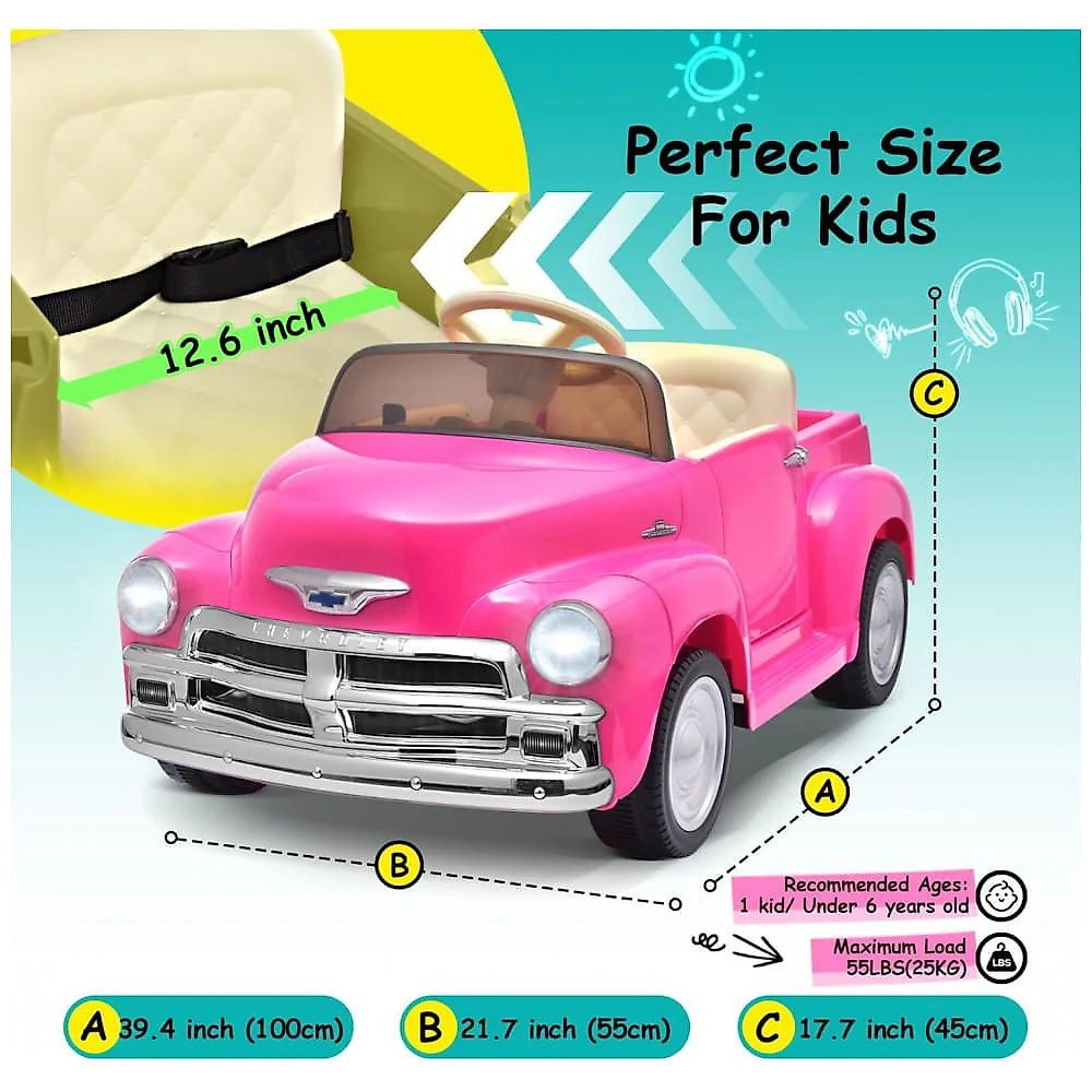 Carro Elétrico Infantil Chevrolet 3100 Pickup Licenciado Joywhale 12V, 1 Lugar, 2 Motores, Controle Remoto, 3 Velocidades, Retrô, Rosa