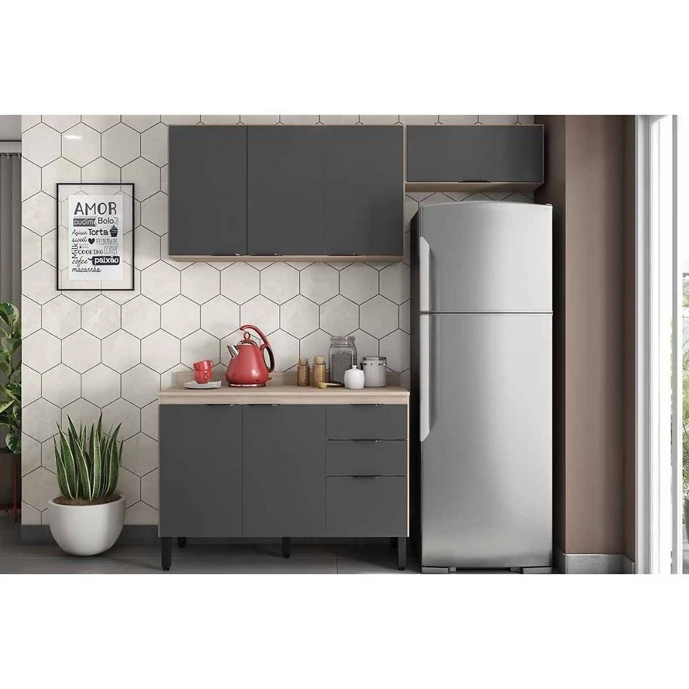 Kit Cozinha Firenze 3 Portas 2 Gavetas MDP 120CM Avena e Grafite Demóbile