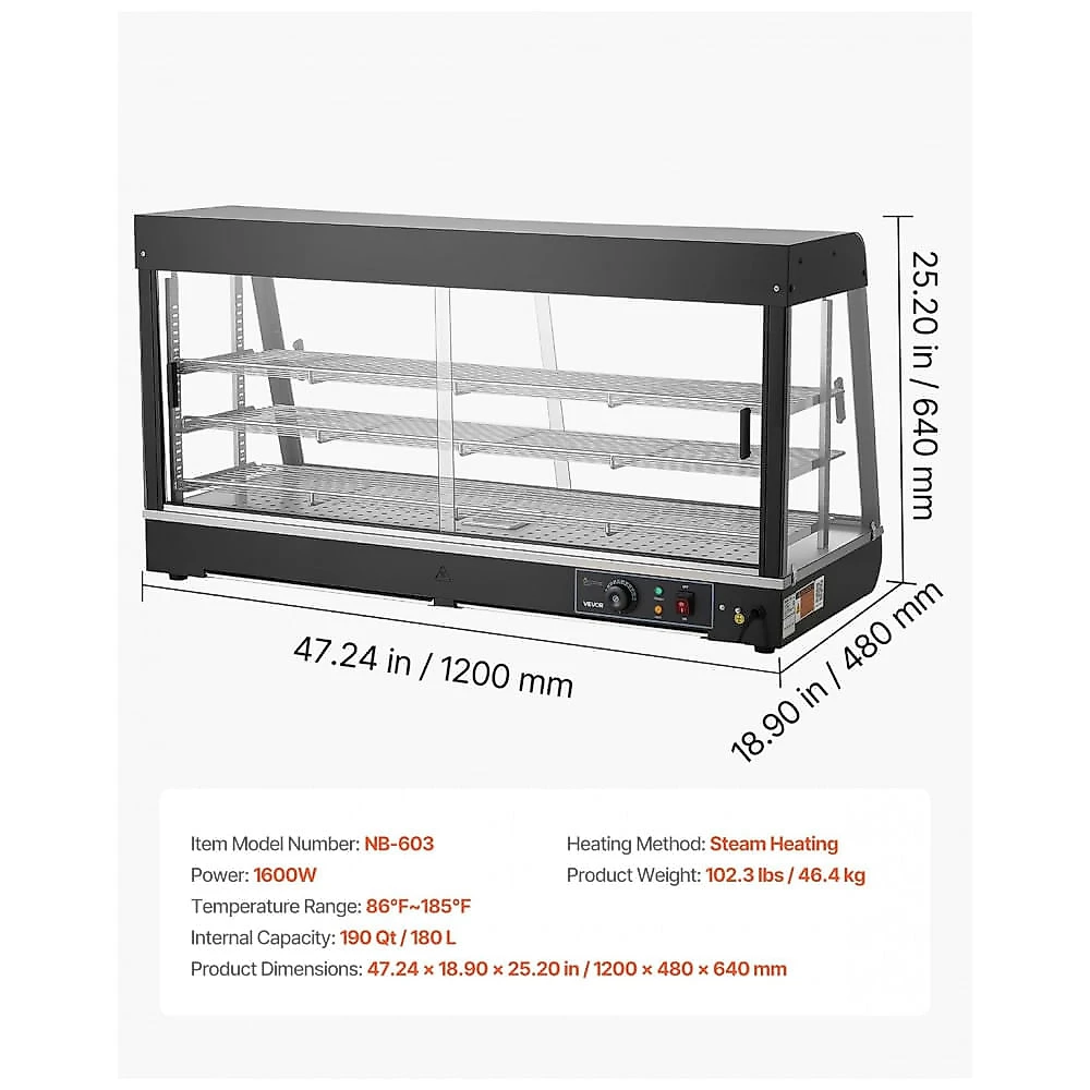Estufa Expositora de Alimentos VEVOR NB-603 3 Andares 180L LED 1600W 110V