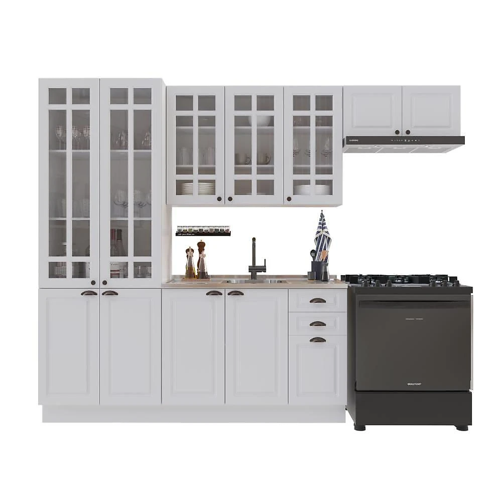 Cozinha Compacta Modulada Nara 12 Portas 2 Gavetas MDF 280CM Branco Fidelita Móveis