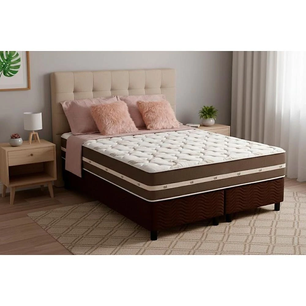 Cama Box com Colchão Solteiro Suede Brown Euro Pillow Molas Bonnel Anjos
