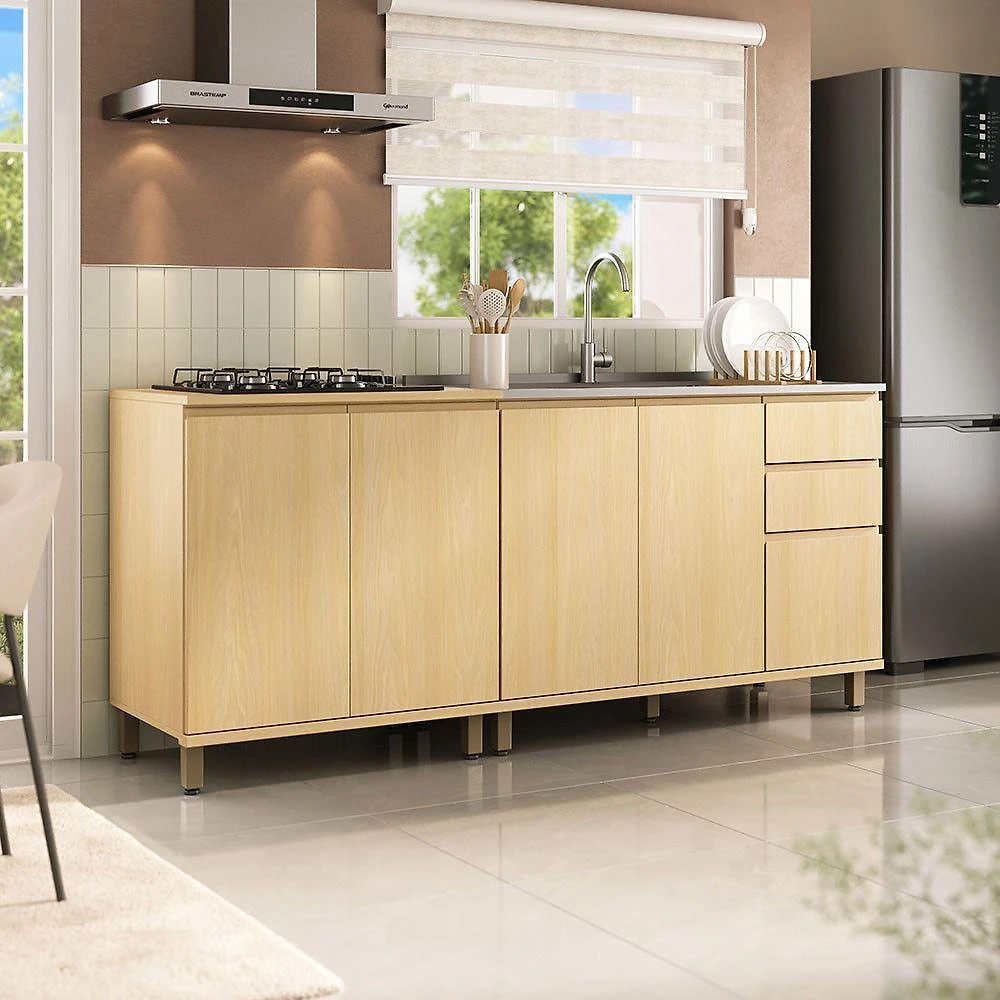 Cozinha Compacta Aura 5 Portas 2 Gavetas MDF 200CM Amadeirado