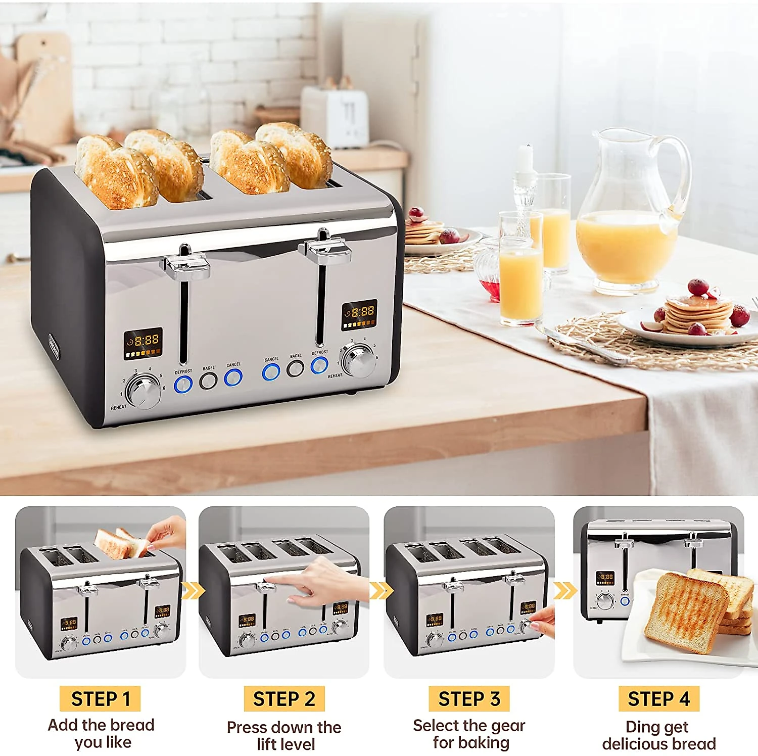 SEEDEEM Torradeira Elétrica 4 Fatias com 7 Níveis de T ostagem 1800W110V Prata