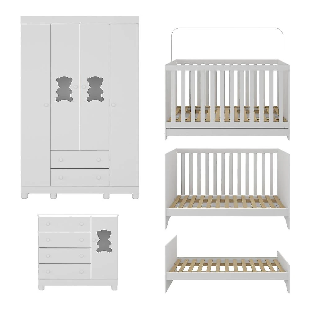 Quarto de Bebê Completo com Berço Americano 3 em 1 Colchão Incluso Fofura Multimóveis MP4661 Branco