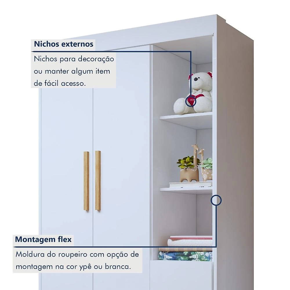 Quarto de Bebê Guarda Roupa 3 Portas e Berço Mini Cama 100% MDF com Colchão Nina  Branco