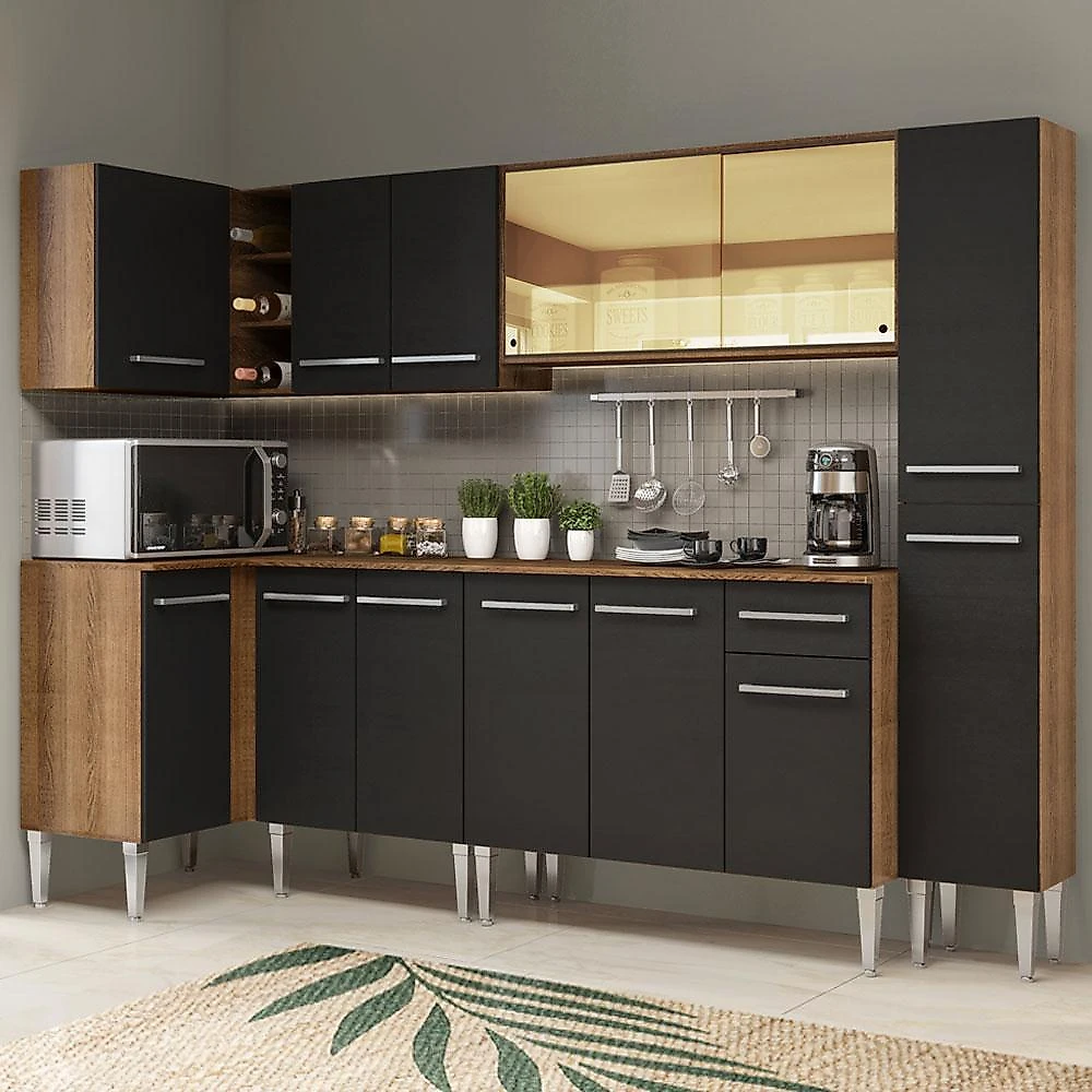 Cozinha completa de canto madesa emilly wave com armário vidro reflex, balcão e paneleiro rustic/preto