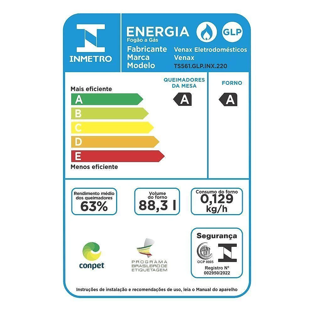 Fogão 5 Bocas Venax Temis A Gas Mesa De Inox Preto 220V