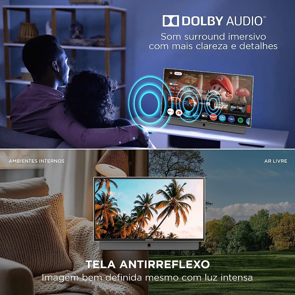 Smart TV Portátil AIWA 24” Full HD HDR10 Dolby Audio Google TV Bateria de 3h AWS-TV-24-01-G Bivolt