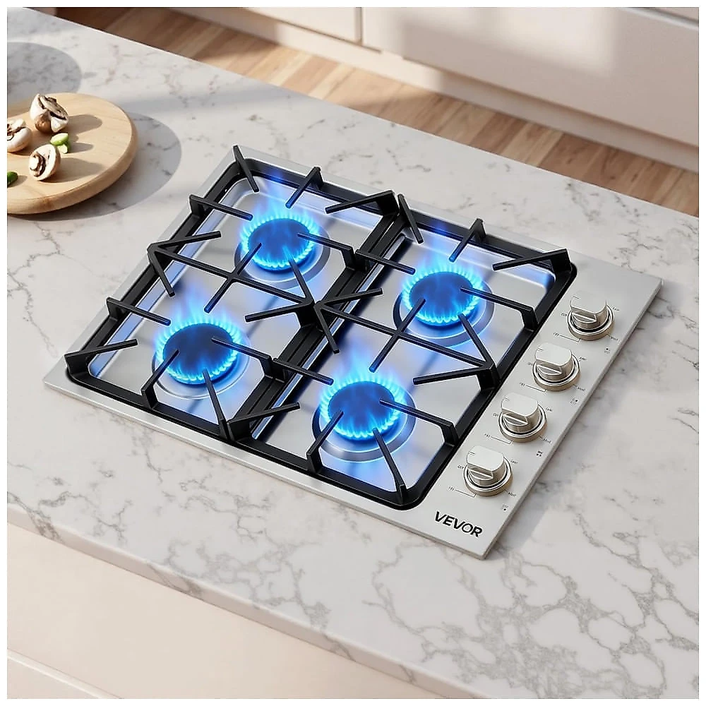 Fogão Cooktop a Gás 4 Queimadores VEVOR Inox Preto Conversível GN/GLP 48.000 BTU 110V Embutir 76cm