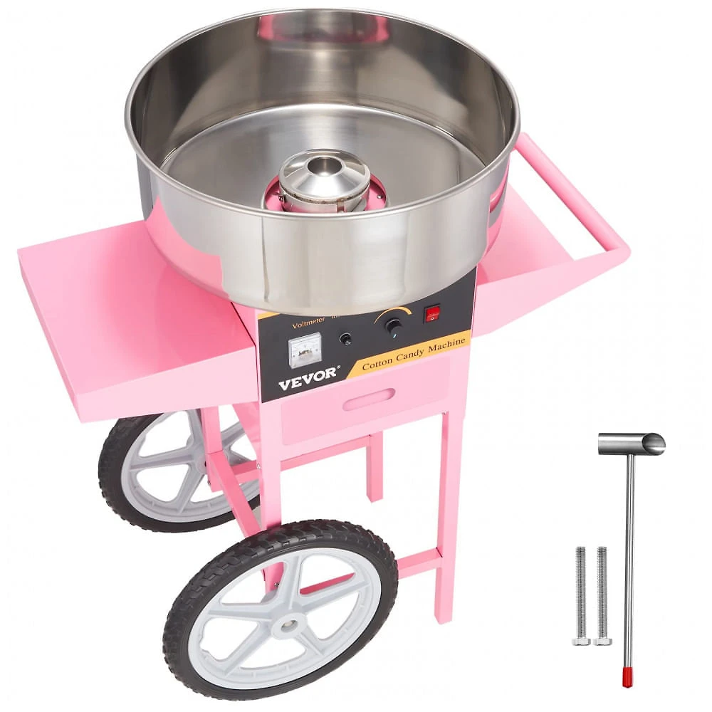 Máquina de Algodão Doce VEVOR com Carrinho 1000W Rosa Produção 6 Cones/min 110V