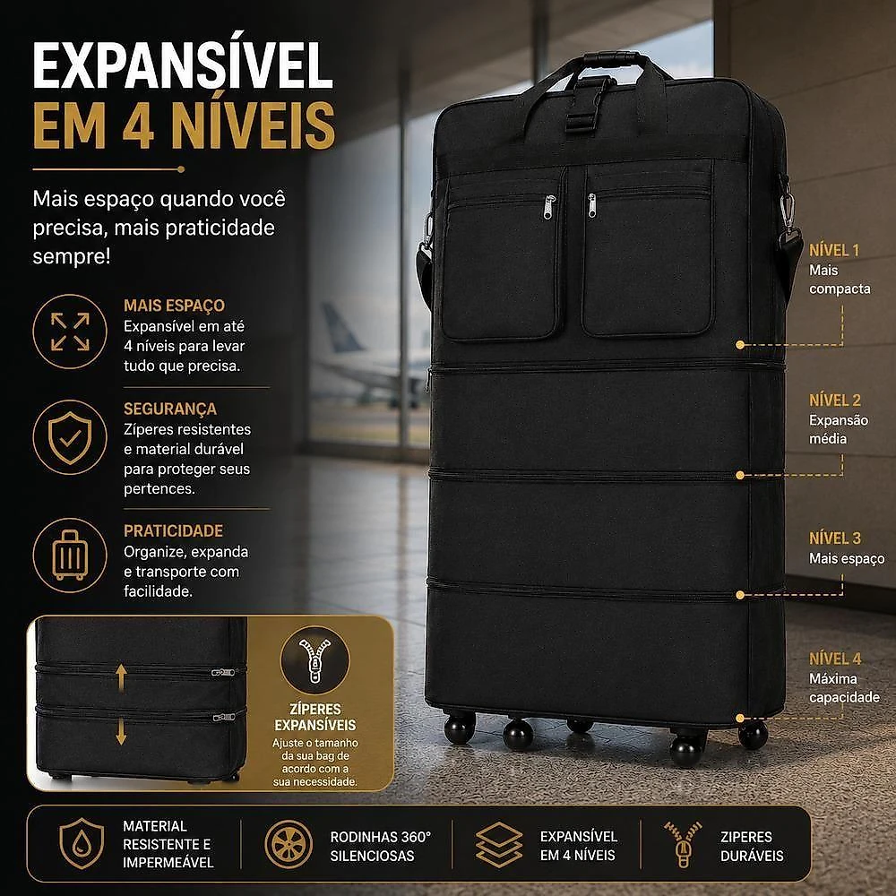 Bolsa de Viagem Grande 100CM em Tecido Oxford com Zíper e 6 Rodinhas 360° Preto