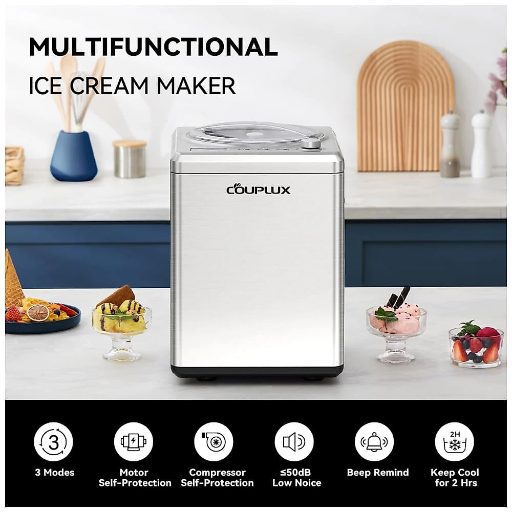 Máquina de Sorvete 2,5L com 3 Modos, Display LCD, Temporizador até 2H e Função Keep Cool, 110V 250W, COUPLUX, Prata 110v