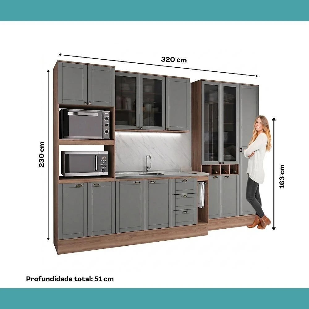 Cozinha Completa com Balcão Milla Living Life 15 Portas 3 Gavetas MDF-MDP 320CM Nogal com Cinza webcontinental-7893455167946