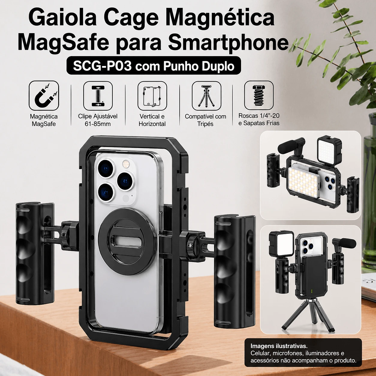 Gaiola Cage Magnética MagSafe para Smartphone SCG-P03 com Punho Duplo