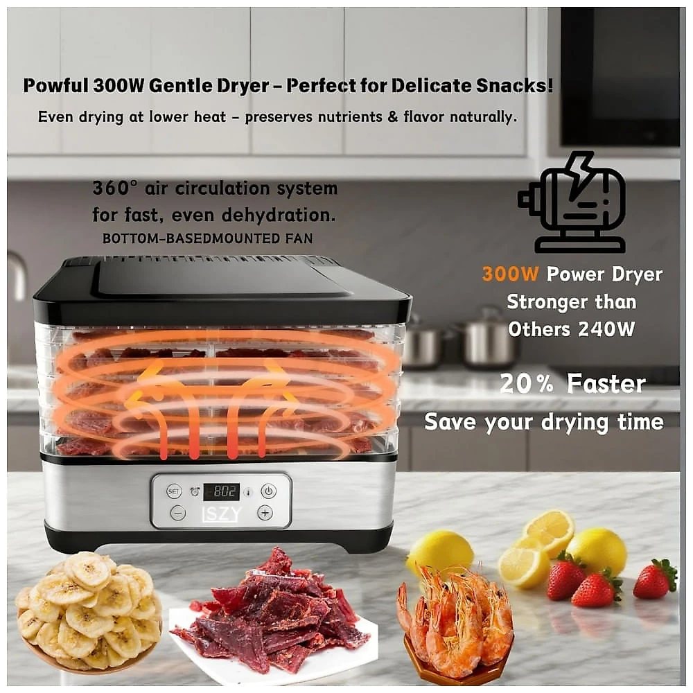 Desidratador de Alimentos Lszy Preto 300W com Timer 24h e 5 Bandejas Altura Ajustável 120V