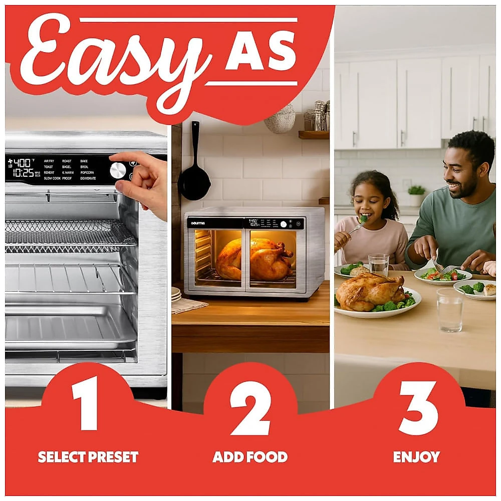 Gourmia Forno Air Fryer French Door 37 Qt Capacidade Grande, 12 Funções, Display Digital, Aço Inox Prata