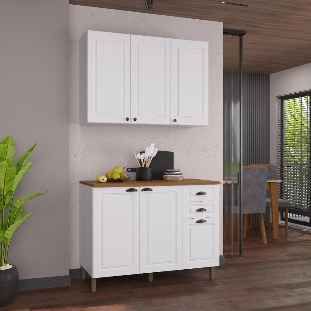 Armário de Cozinha Modulada Compacta Nara 6 Portas 2 Gavetas MDF 120cm Branco