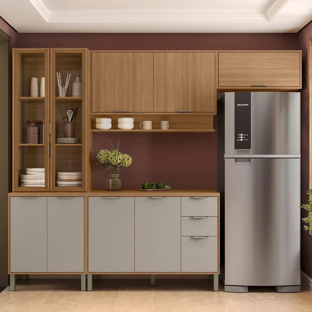 Cozinha Compacta 4 Peças 270cm com 10 Portas e 2 Gavetas Colors Freijó/Cinza Niquel FREIJÓ/CINZA NÍQUEL