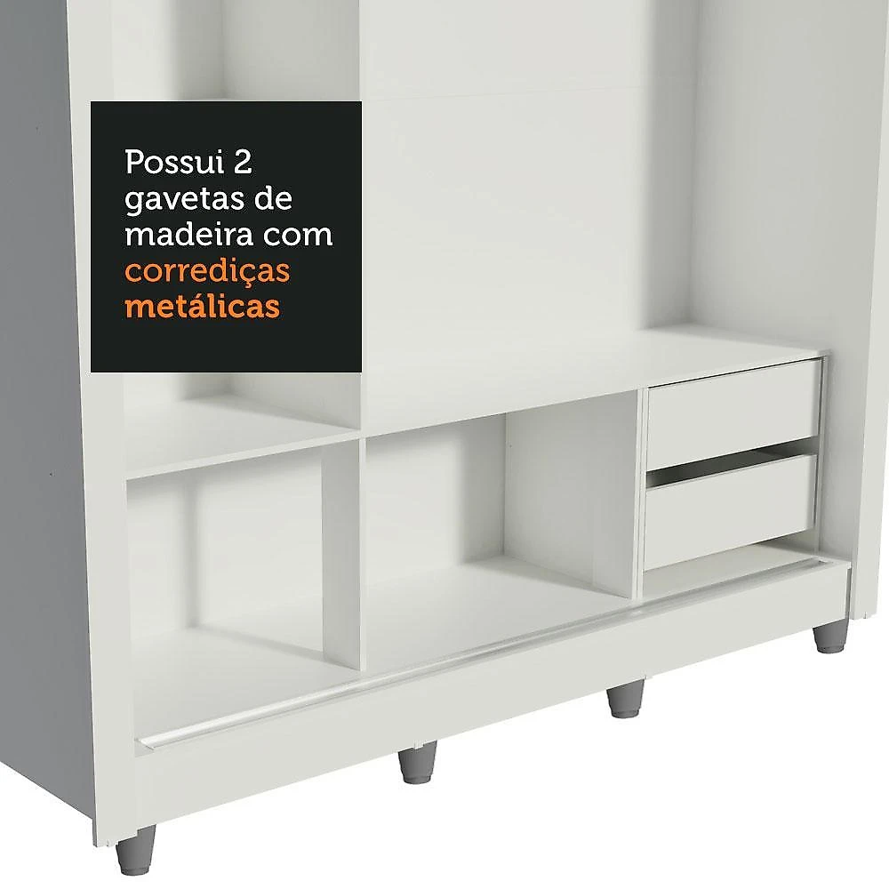 Guarda-roupa casal madesa lyon 3 portas de correr com espelhos 2 gavetas com pés branco