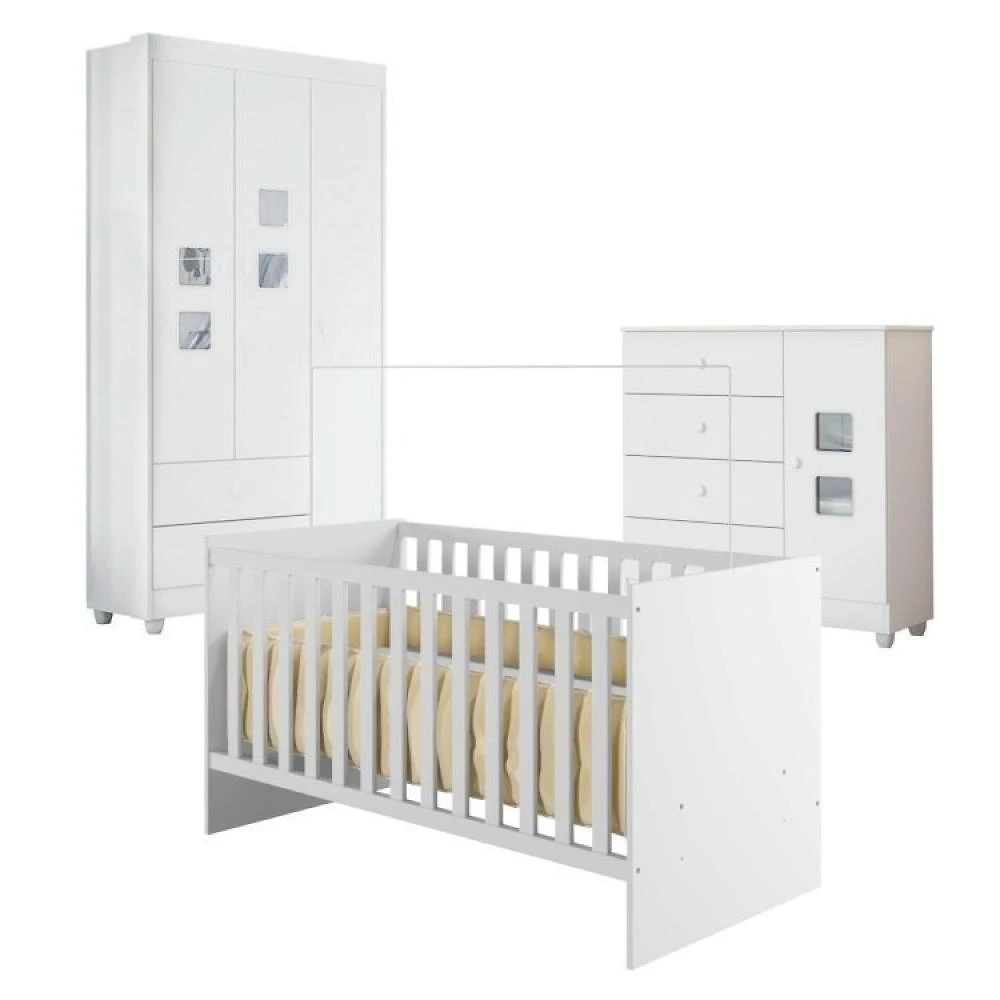 Quarto de Bebê com Berço com Suporte, Cômoda 1 Porta 4 Gavetas Life e Roupeiro 3 Portas 2 Gavetas