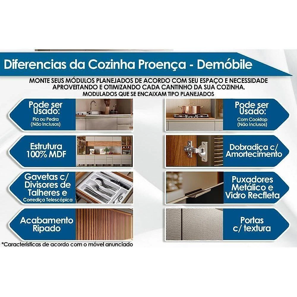 Cozinha Completa Proença 6 Peças 3 Portas 7 Gavetas MDF 119,5CM Nogueira Touch e Nude Prime