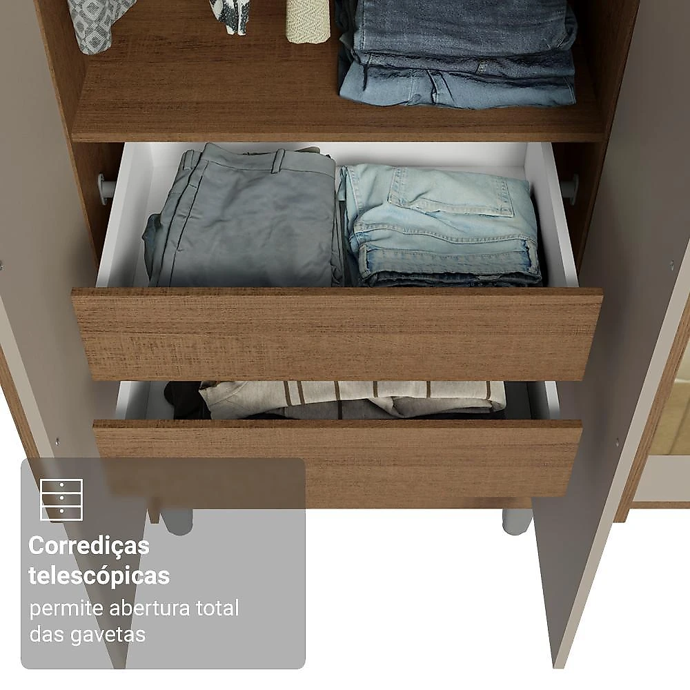 Guarda-roupa casal com pés 6 portas batentes com espelho rustic/crema/rustic saturno madesa