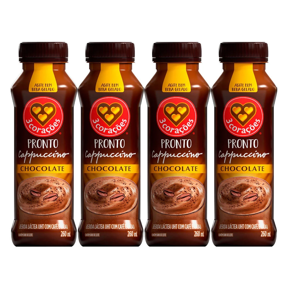 Kit 4 Cappuccino Pronto 3 Corações Chocolate 260ml