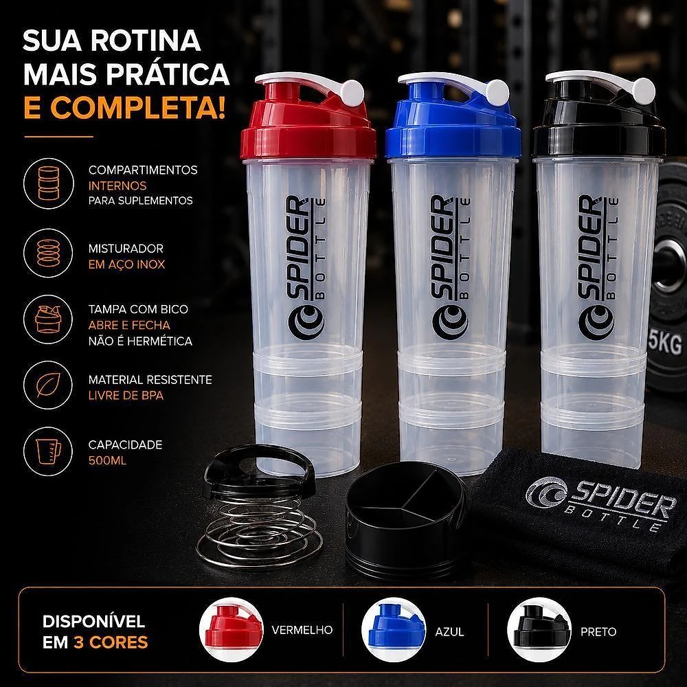 Coqueteleira Fitness 3 Andares Garrafa Shaker Academia Plastico Resistente Compartimentos