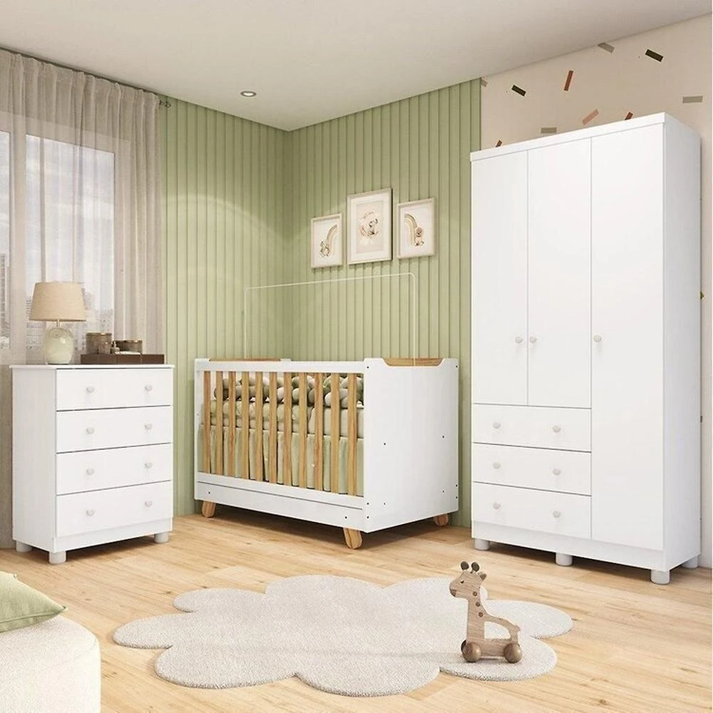 Quarto de Bebê com Guarda-roupa 3 Portas Cômoda e Berço 4em1 Minicama 100% Mdf Mike Espresso Móveis Branco