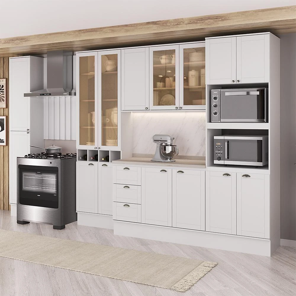 Cozinha Milla Cora Flow 15 Portas 3 Gavetas MDF 360CM Branco Móveis Carraro