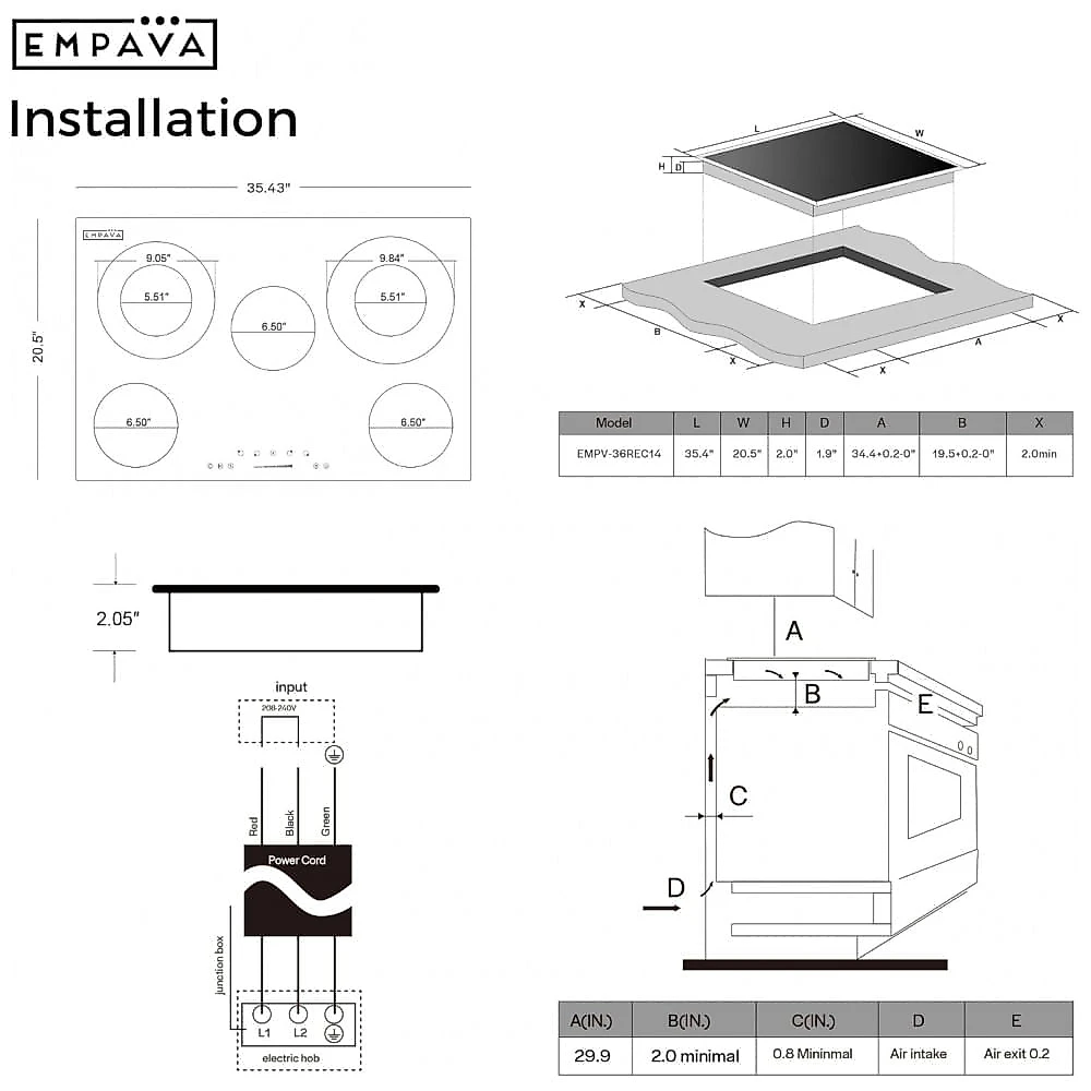 Cooktop elétrico radiant 90cm Empava 5 zonas vidro preto 2 zonas duplas aquecimento 7700W 220V