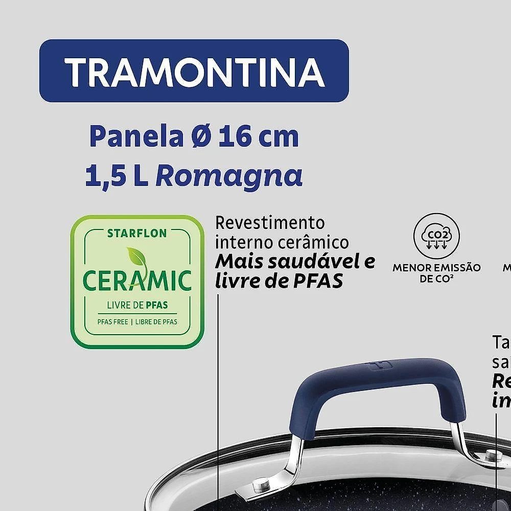 Panela Romagna Indução Aço Inox e Alumínio Revestimento Interno Cerâmico Black Stone 1,5L Tramontina