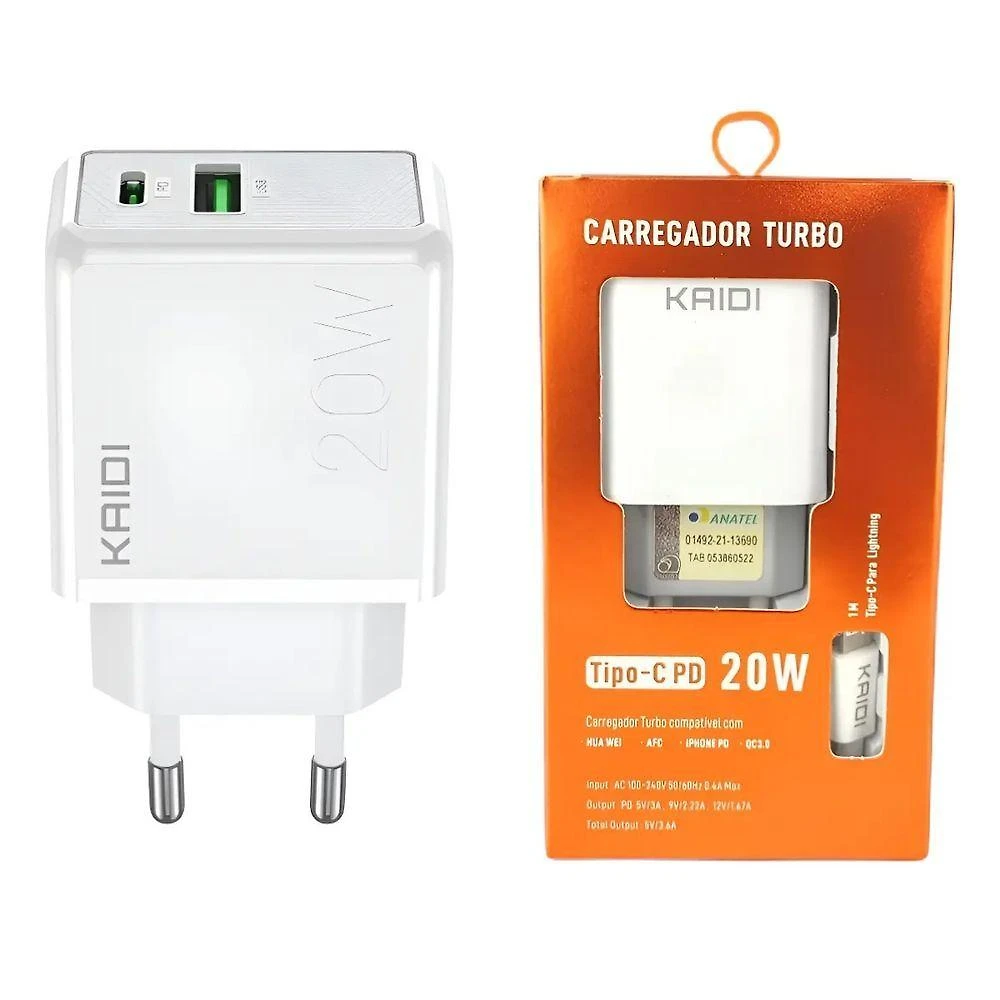 Carregador Usb C Lightning 20W MDM Kaidi 20W para Dispositivos de Entrada Lightning Branco